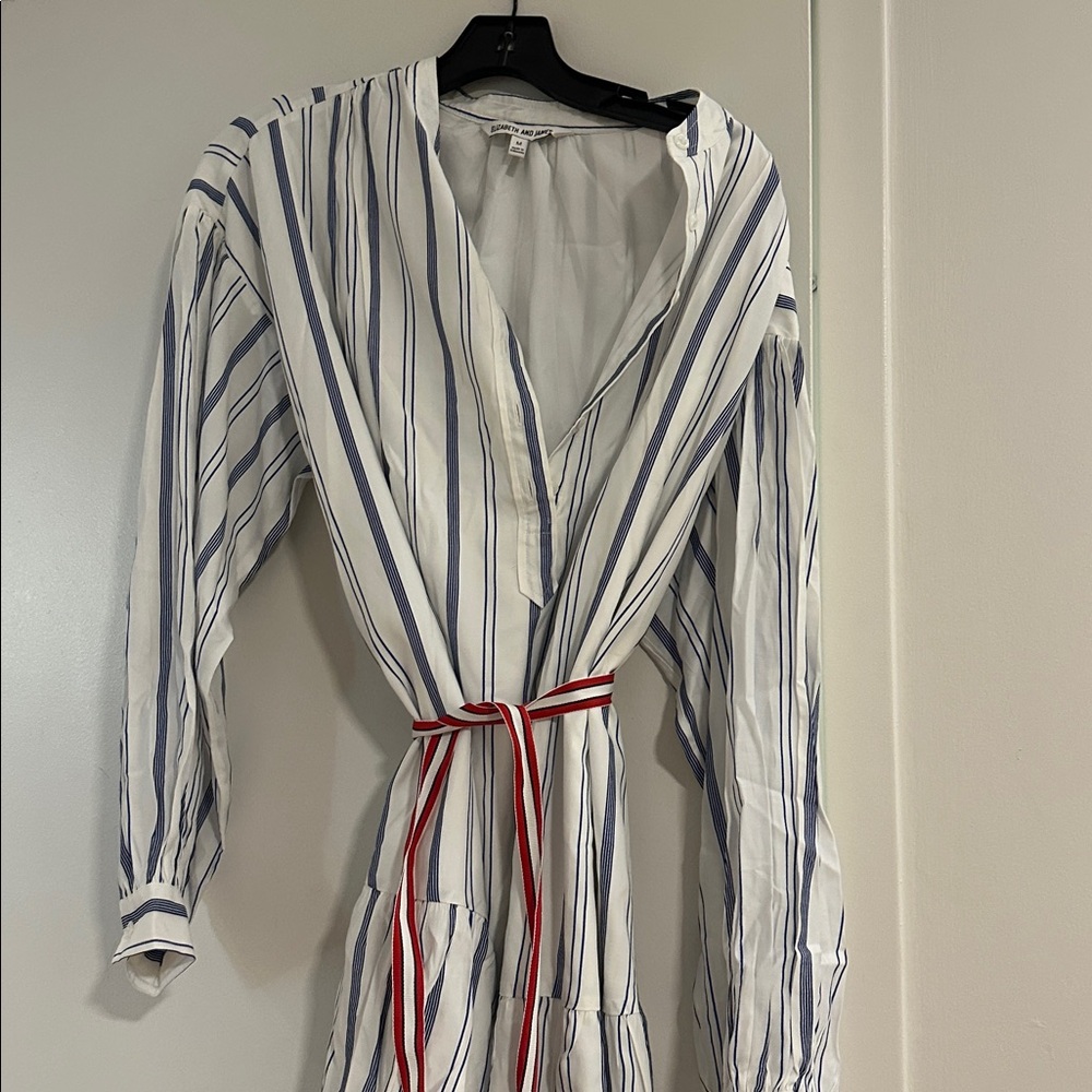 Elizabeth and James Nautical Dress/Cover-Up, White, Navy, Red Cinch Belt, Sz Med
